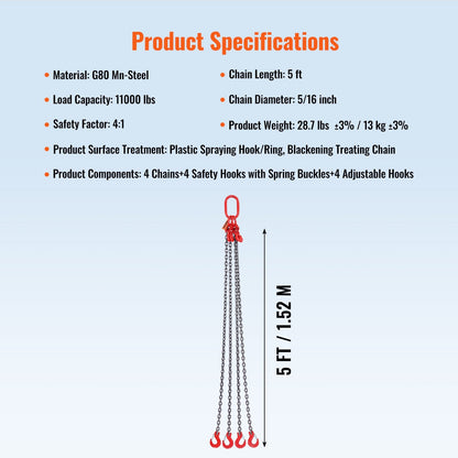 Heavy-Duty G80 Lifting Chain Sling, 13m, 4990kg Capacity, Adjustable Length