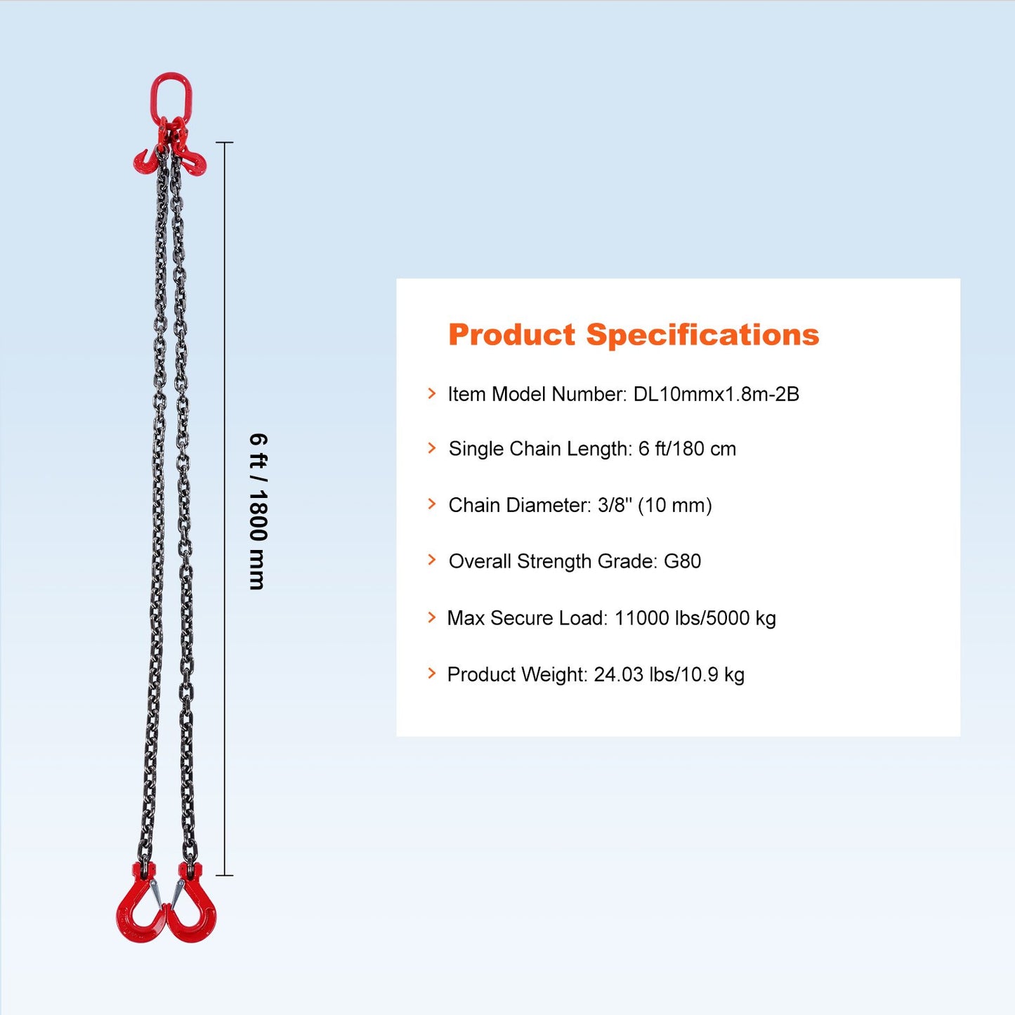 VEVOR 10 mm x 180 cm Chain Sling 2 Legs G80 Lifting Chain with Grab Hooks 5000kg