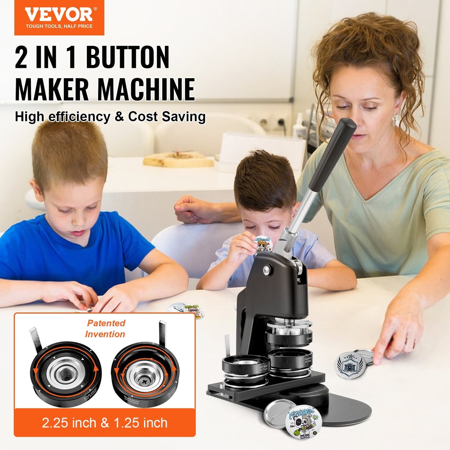 Button Maker Machine with 500 Parts Kit, 32mm & 58mm Die Sizes, Manual Press