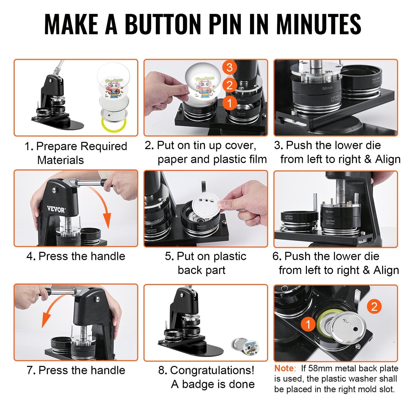 Button Maker Machine with 500 Parts Kit, 32mm & 58mm Die Sizes, Manual Press