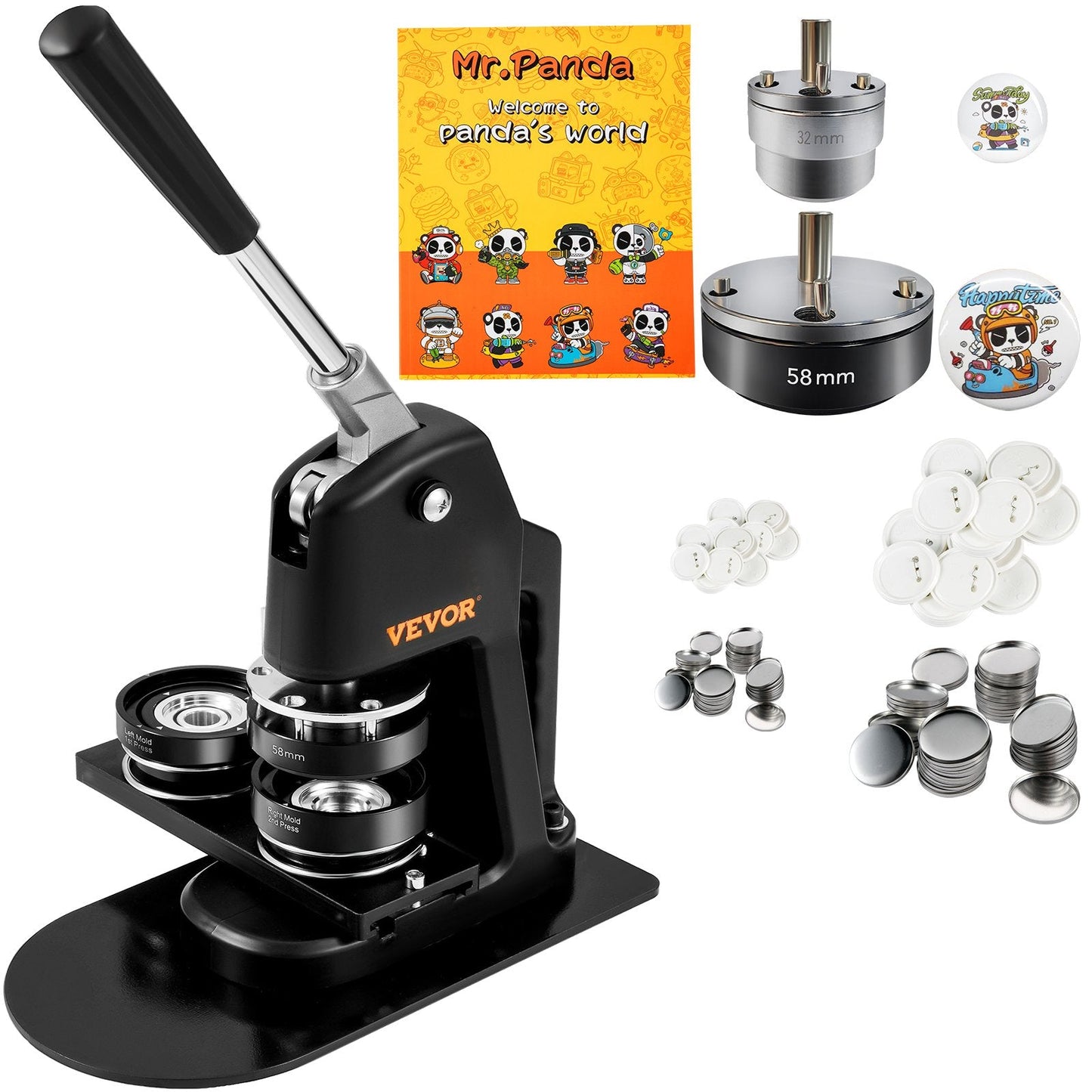 Button Maker Machine with 500 Parts Kit, 32mm & 58mm Die Sizes, Manual Press