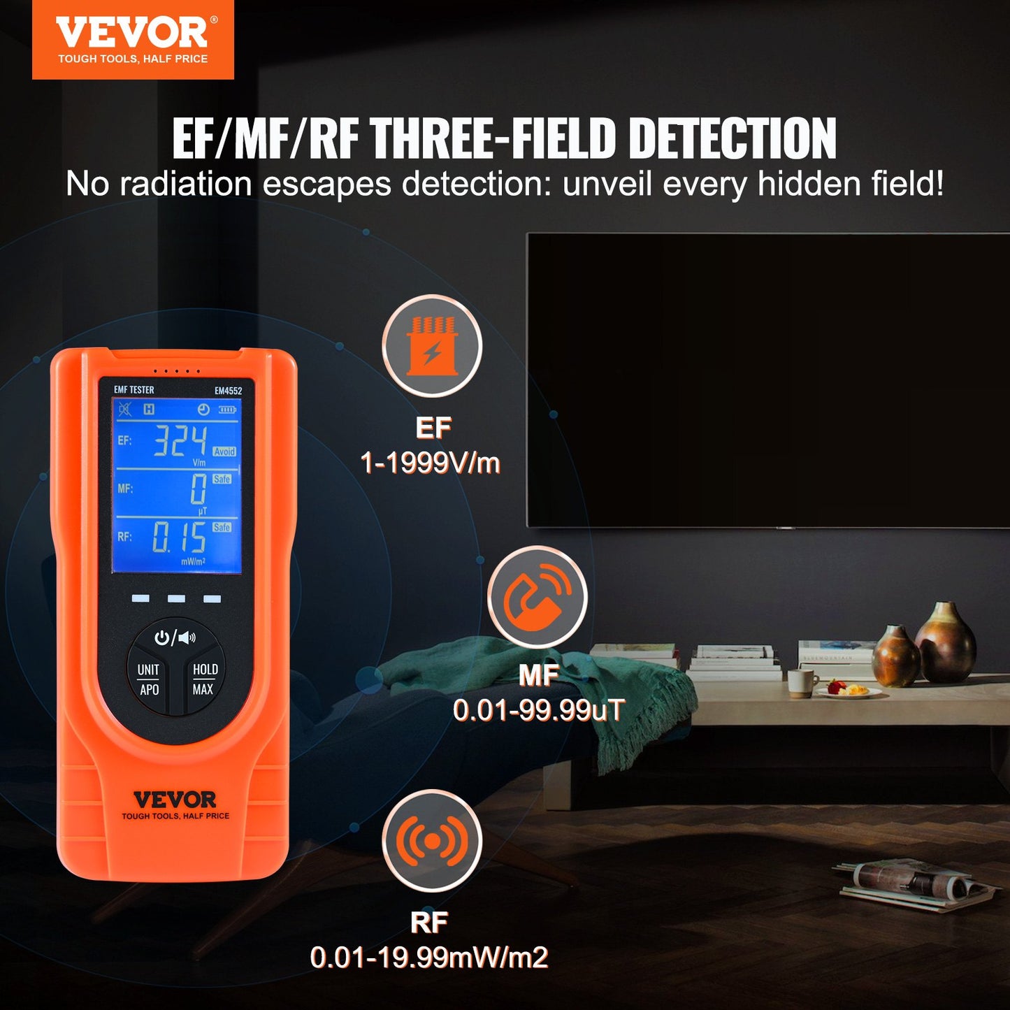 VEVOR 3-in-1 EMF Meter, 5Hz - 3.5GHz, Handheld Rechargeable Electromagnetic Field