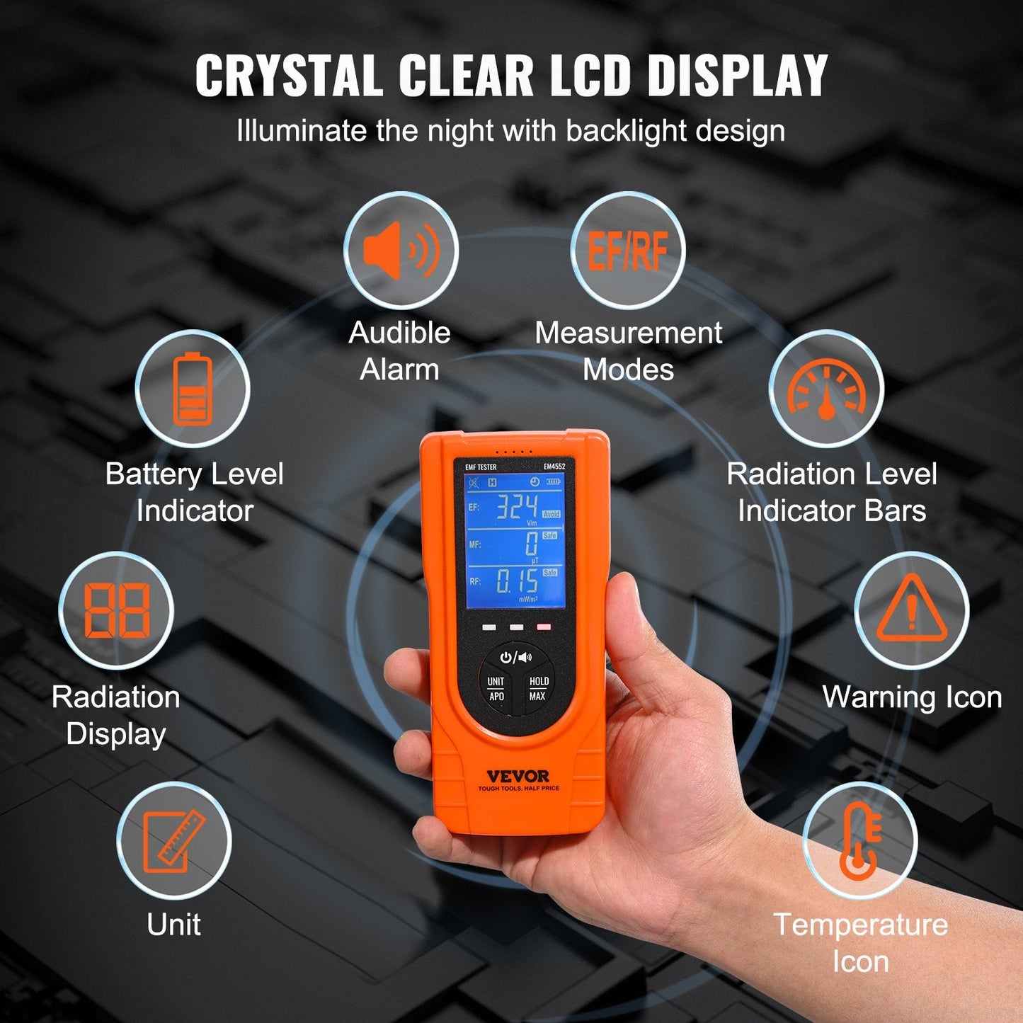 3-in-1 Handheld EMF Meter, 5Hz-3.5GHz, Rechargeable with Digital LCD Display