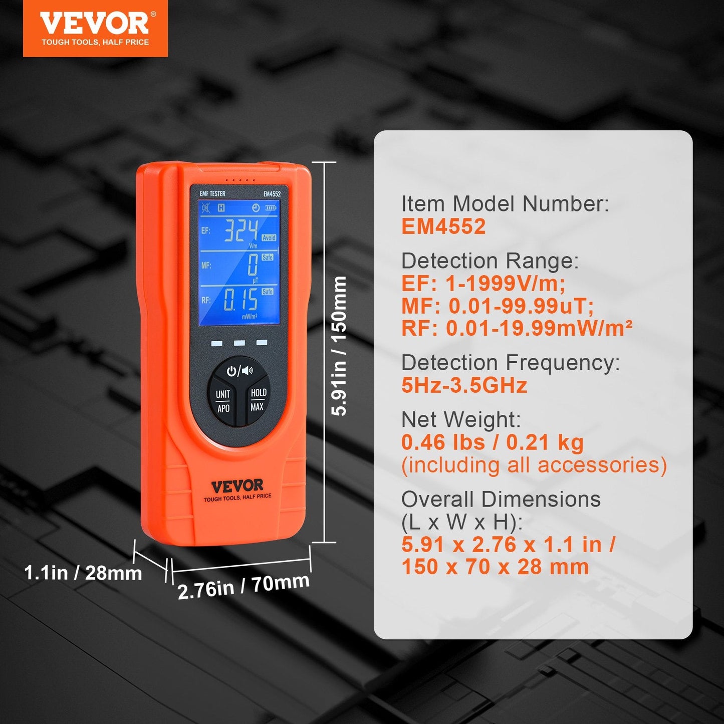 3-in-1 Handheld EMF Meter, 5Hz-3.5GHz, Rechargeable with Digital LCD Display