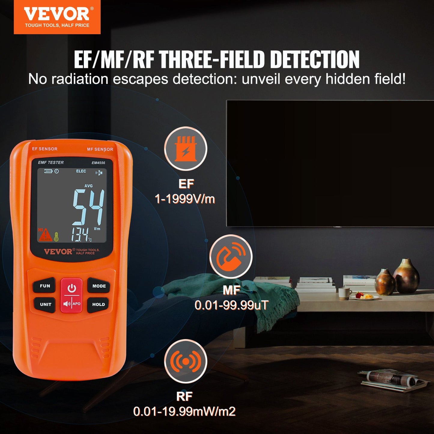 VEVOR 3-in-1 EMF Meter, 5Hz-6GHz, Handheld Rechargeable Electromagnetic Field Radiation