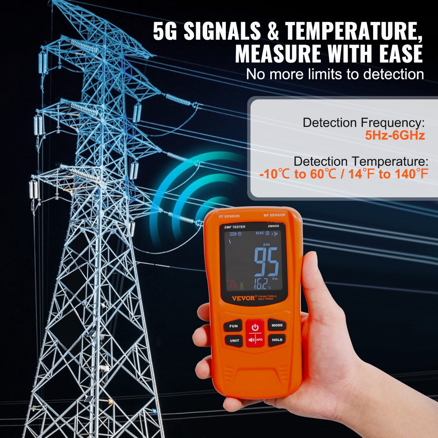 VEVOR 3-in-1 EMF Meter, 5Hz-6GHz, Handheld Rechargeable Electromagnetic Field Radiation