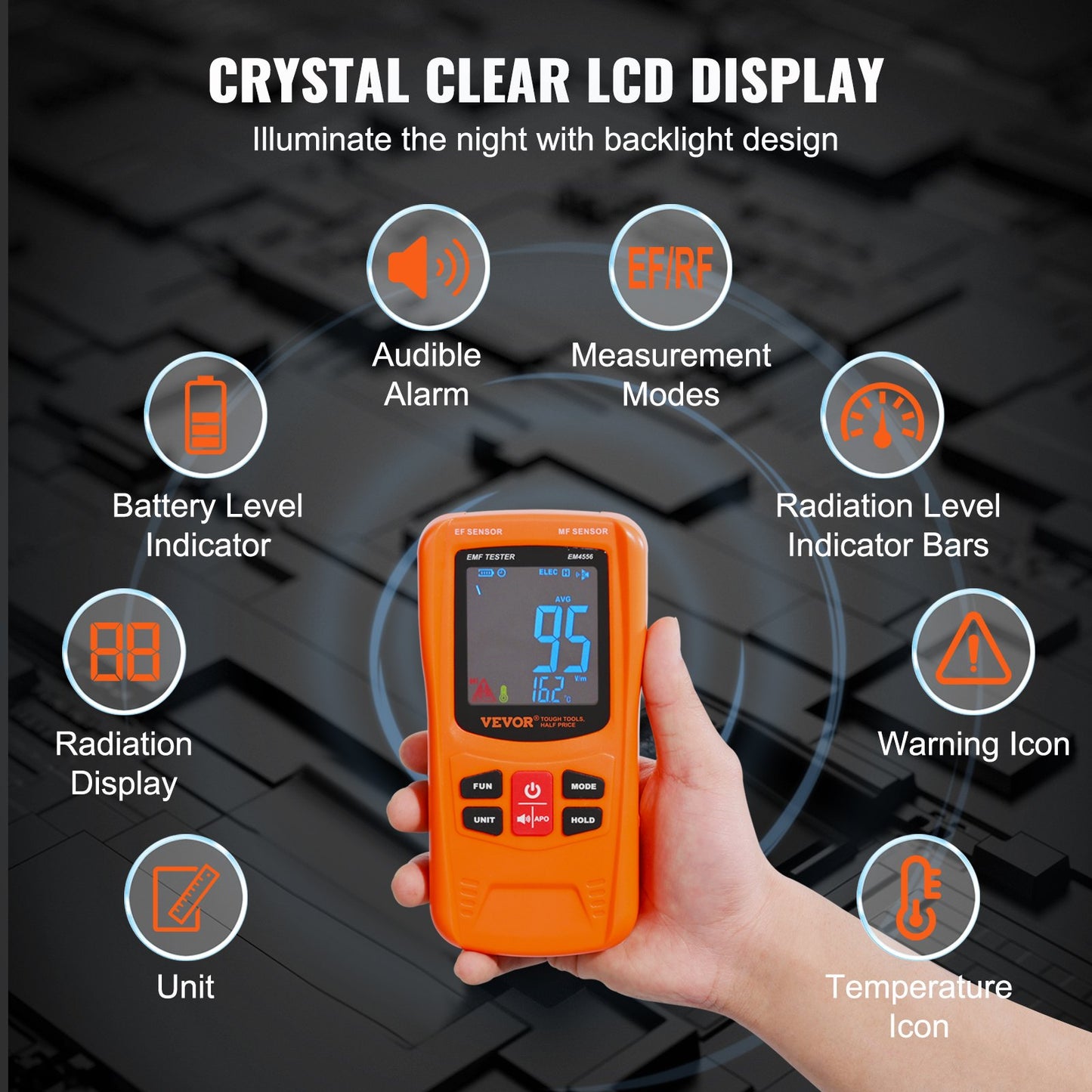 VEVOR 3-in-1 EMF Meter, 5Hz-6GHz, Handheld Rechargeable Electromagnetic Field Radiation