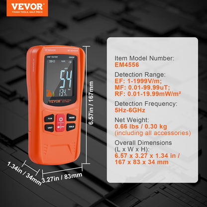 VEVOR 3-in-1 EMF Meter, 5Hz-6GHz, Handheld Rechargeable Electromagnetic Field Radiation