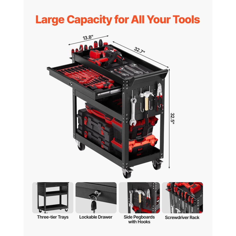 VEVOR 4-Tier Tool Cart on Wheels 350 lb Rolling Work Cart with Drawer & Pegboard