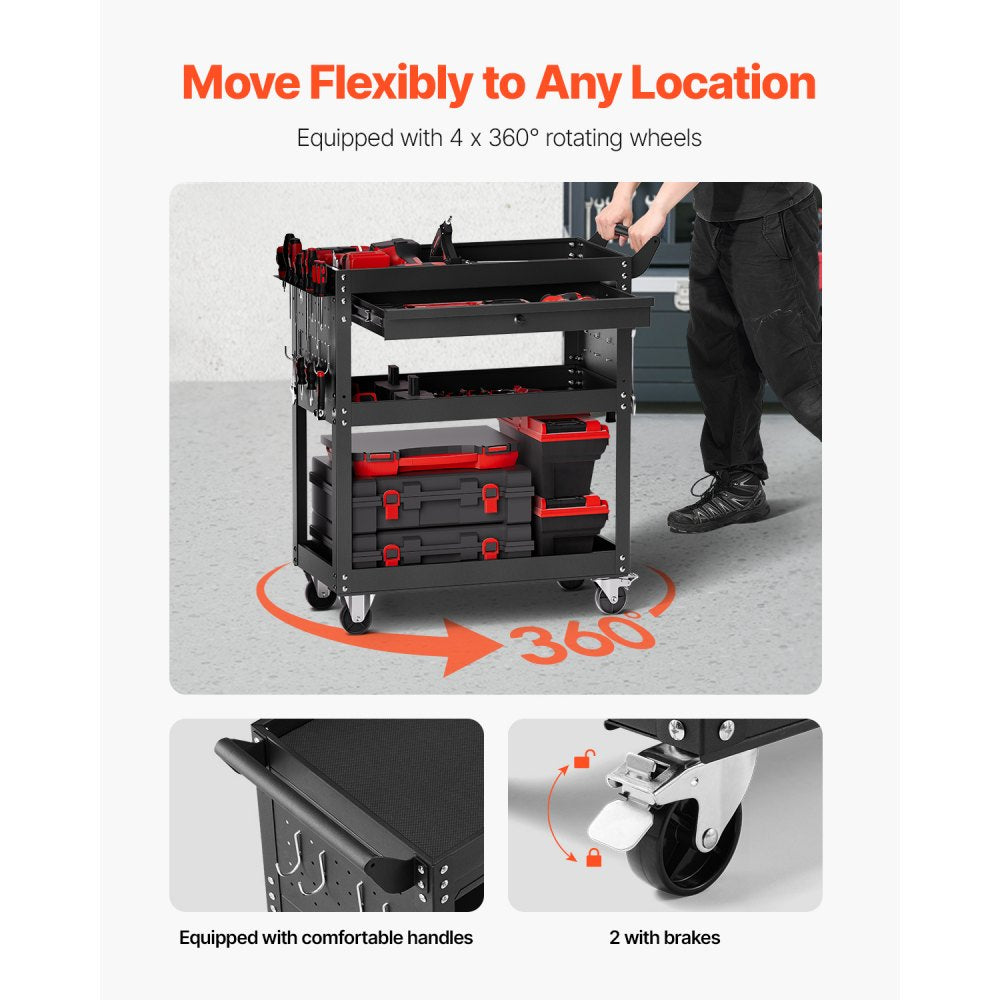 VEVOR 4-Tier Tool Cart on Wheels 350 lb Rolling Work Cart with Drawer & Pegboard