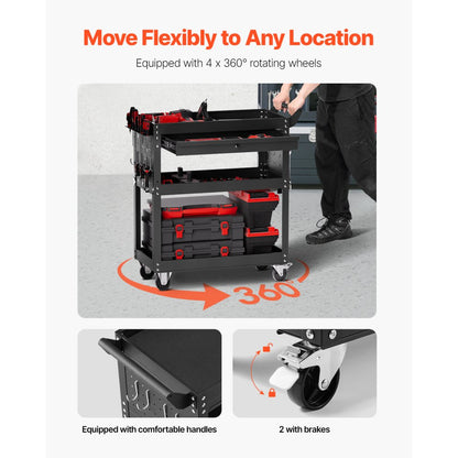 VEVOR 4-Tier Tool Cart on Wheels 350 lb Rolling Work Cart with Drawer & Pegboard