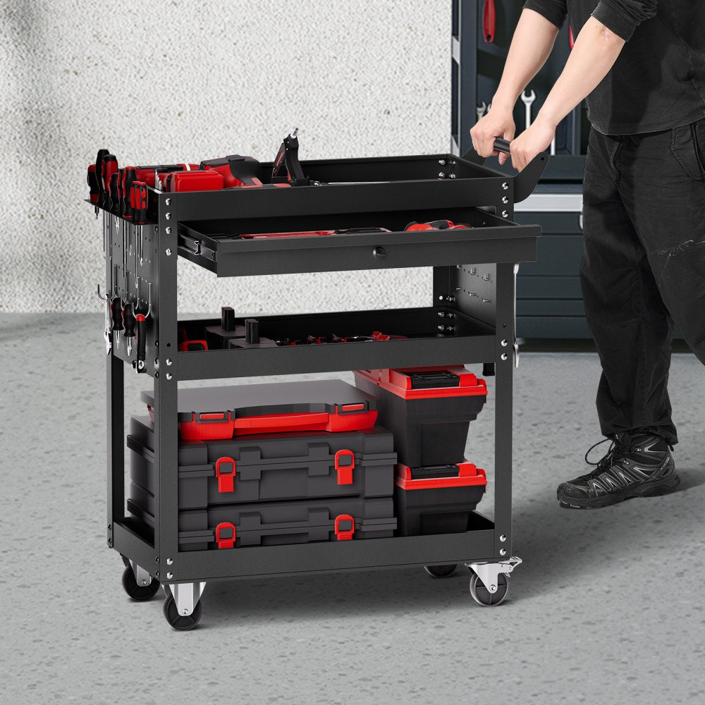 VEVOR 4-Tier Tool Cart on Wheels 350 lb Rolling Work Cart with Drawer & Pegboard