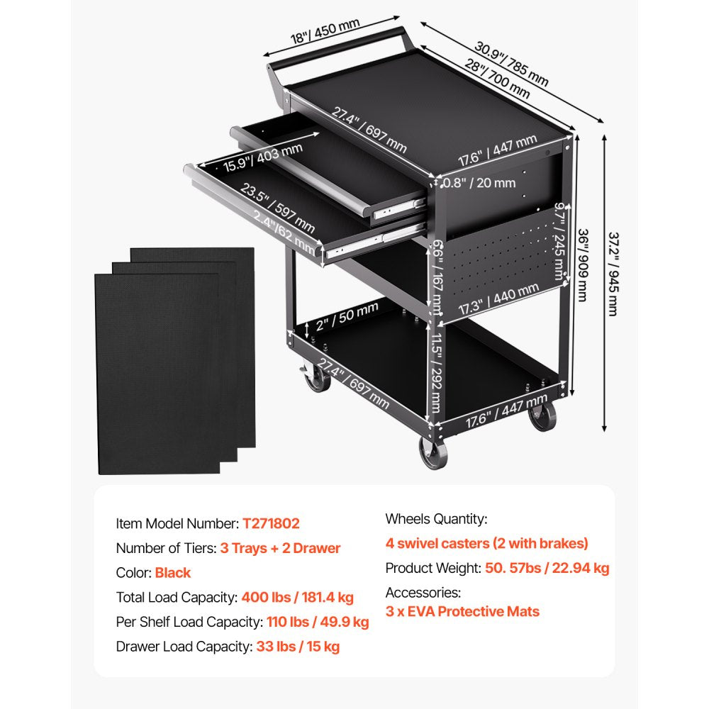 VEVOR 5-Tier Tool Cart on Wheels 400 lb Rolling Work Cart with Drawer & Pegboard