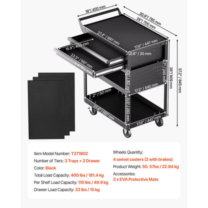 VEVOR 5-Tier Tool Cart on Wheels 400 lb Rolling Work Cart with Drawer & Pegboard