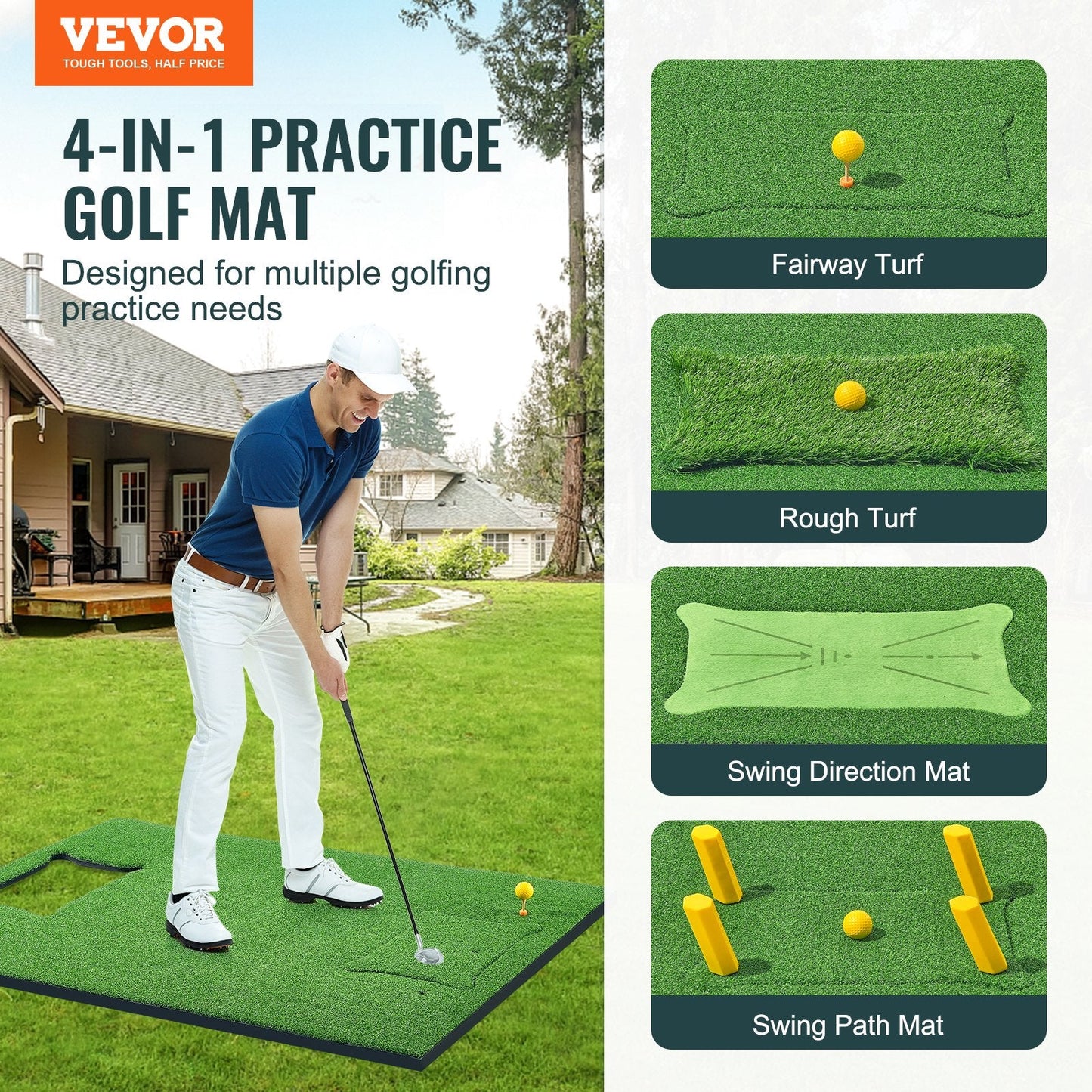 Golf Practice Mat 1.5x1.2m with Interchangeable Turf for Indoor/Outdoor Use