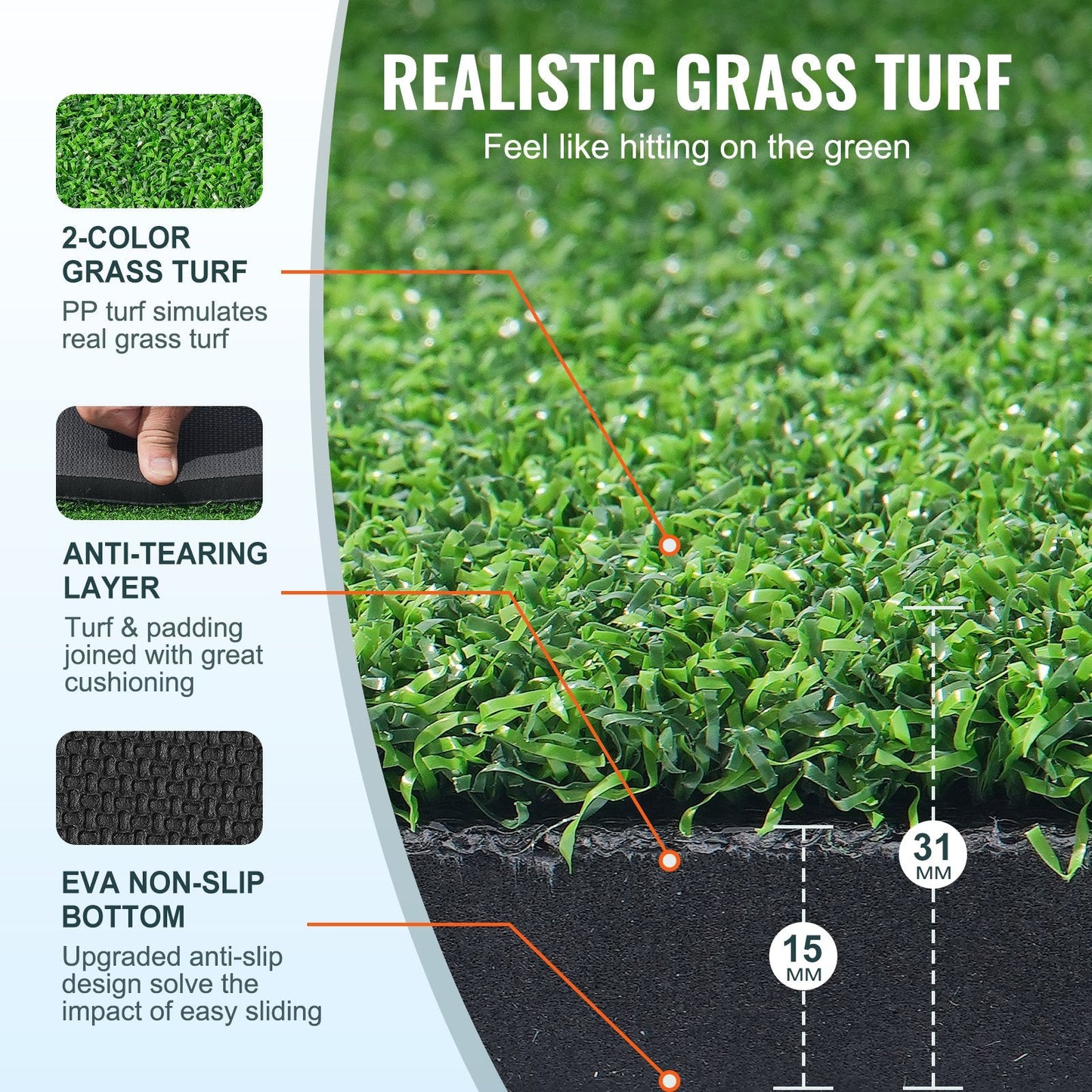 Golf Practice Mat 1.5x1.2m with Interchangeable Turf for Indoor/Outdoor Use