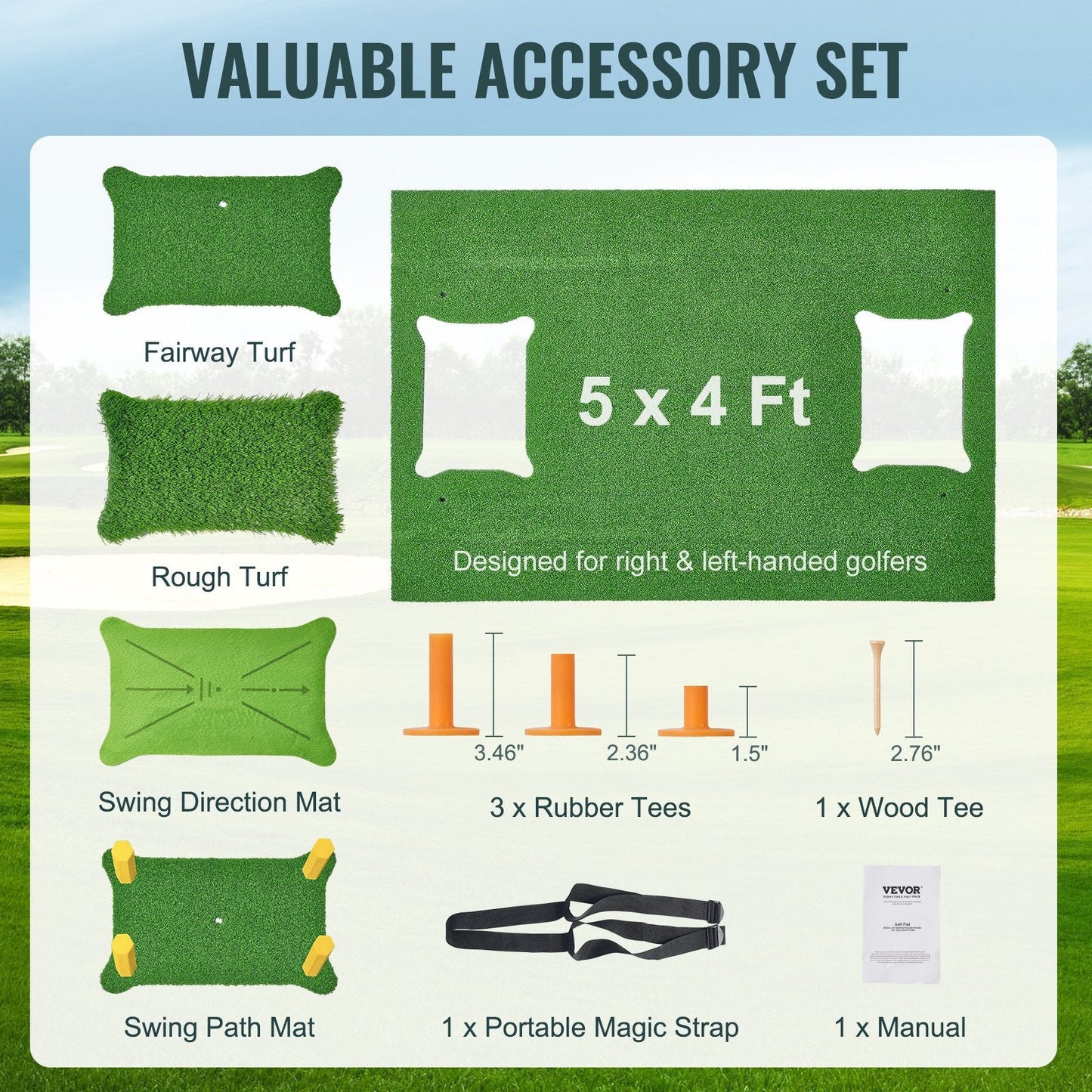 Golf Practice Mat 1.5x1.2m with Interchangeable Turf for Indoor/Outdoor Use