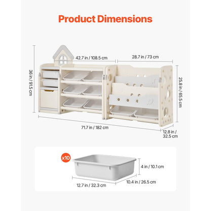 VEVOR 4-Tier Kids Toy Storage with Bookshelf with 10 Movable Plastic Bins