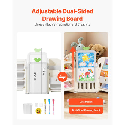 VEVOR Kid Toy Storage and Bookshelf with 10 Movable Plastic Bins & Drawing Board