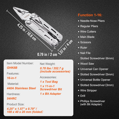 16-in-1 Stainless Steel Multi-Tool Pliers with Safety Lock for Outdoor Use