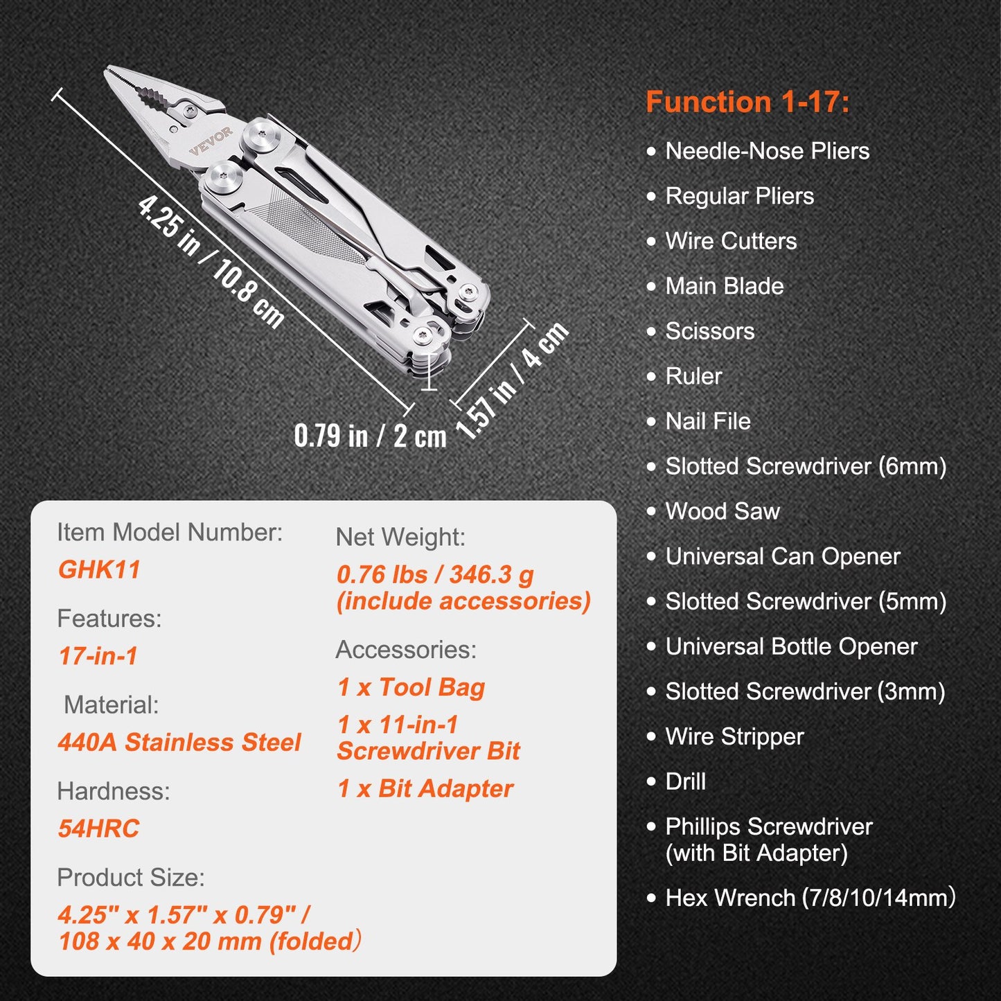 VEVOR 17-In-1 Multitool Pliers, Multi Tool Pliers, Cutters, Knife, Scissors, Ruler,