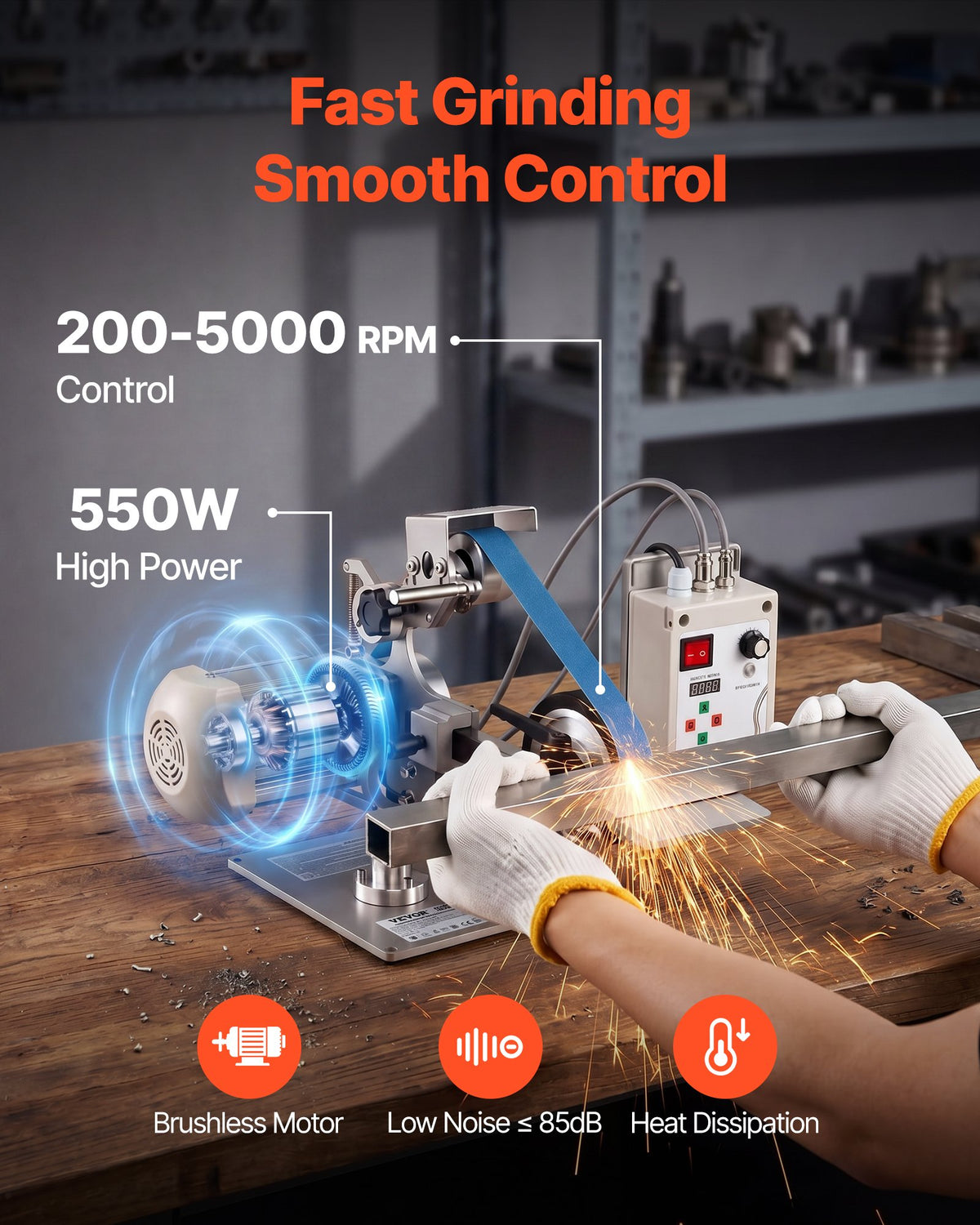 Belt Grinder Sander with VFD, 762mm x 25.4mm Variable Speed Belt Polisher, 550W Polishing Grinding Machine with 2 Grinding Modes & 3PCS Sanding Belts for Metalworking, Knife Making