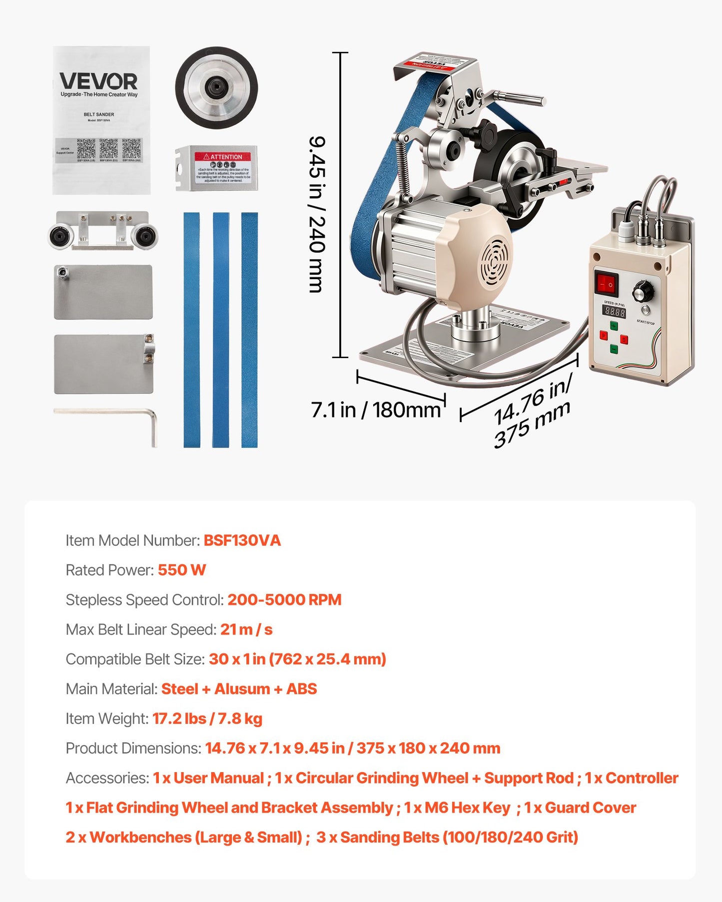 Belt Grinder Sander with VFD, 762mm x 25.4mm Variable Speed Belt Polisher, 550W Polishing Grinding Machine with 2 Grinding Modes & 3PCS Sanding Belts for Metalworking, Knife Making