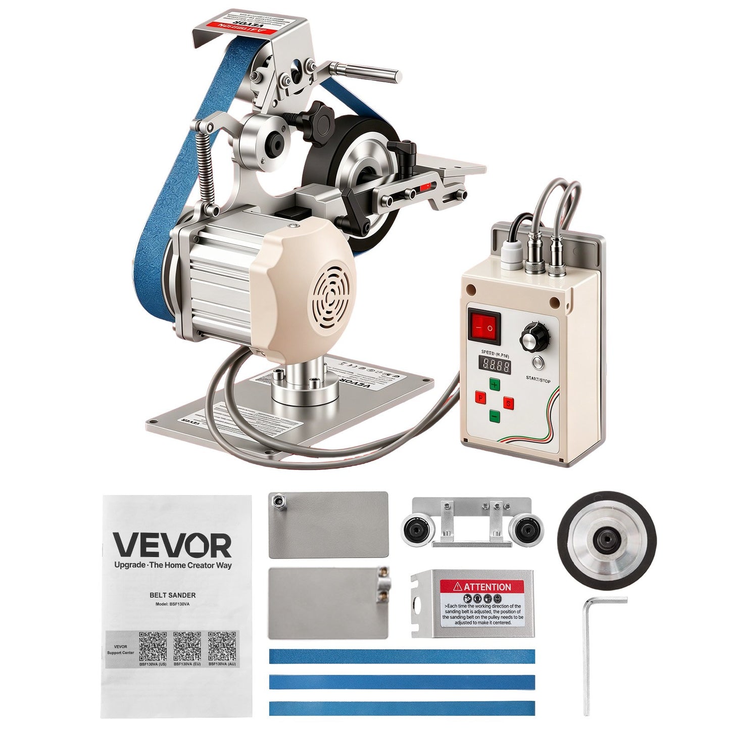 Belt Grinder Sander with VFD, 762mm x 25.4mm Variable Speed Belt Polisher, 550W Polishing Grinding Machine with 2 Grinding Modes & 3PCS Sanding Belts for Metalworking, Knife Making