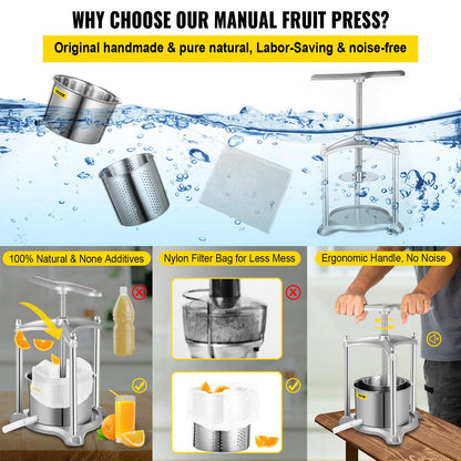 Manual 6L Stainless Steel Fruit Press & Grinder for Wine, Cider, and More