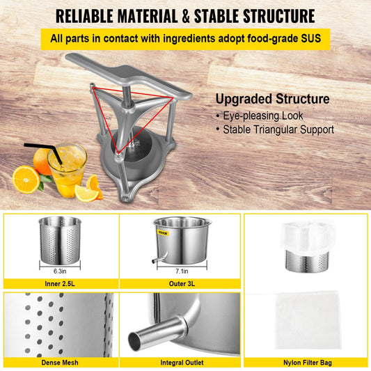 Manual 6L Stainless Steel Fruit Press & Grinder for Wine, Cider, and More