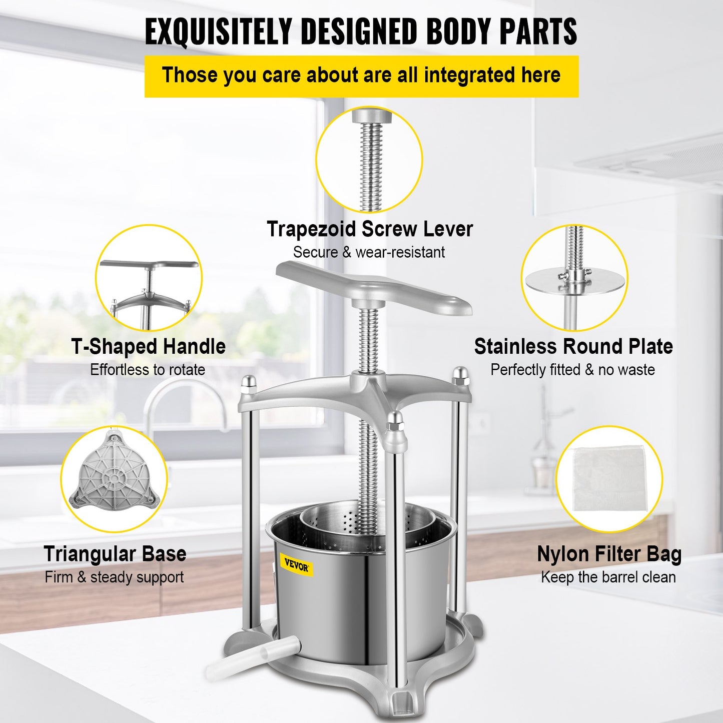 VEVOR Fruit Wine Press, 1.6Gal Wine Press, 6L Fruit Cider Grinder w/Dual Stainless