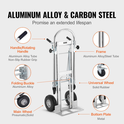 Aluminum 4-in-1 Convertible Hand Truck and Dolly, 454 kg Capacity, Heavy Duty