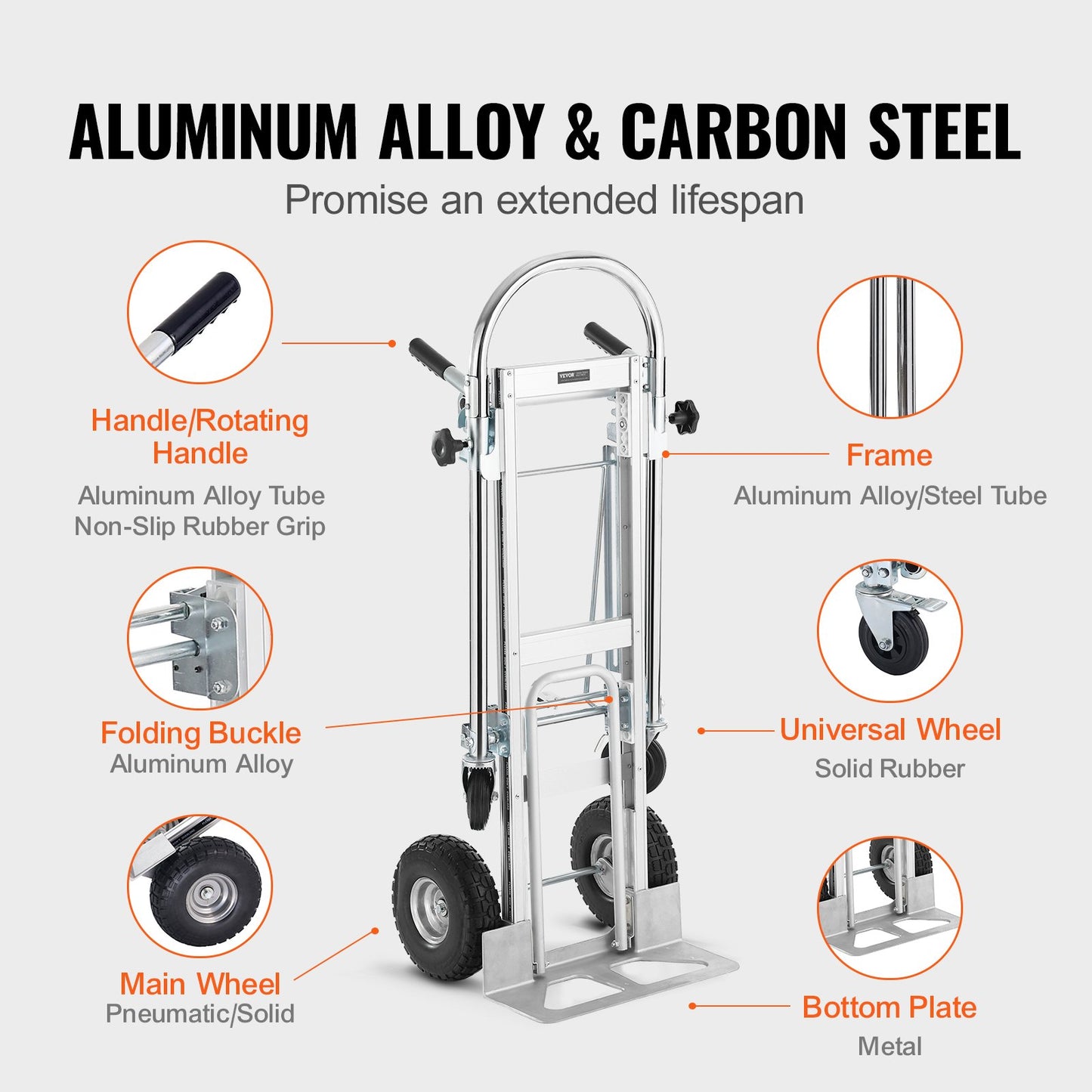 VEVOR Aluminum Hand Truck, 4 in 1, 454 kg Max Load Capacity, Heavy Duty Industrial