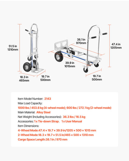 2 in 1 Hand Truck, 453.6 kg Load Capacity for 4-Wheel Mode, Convertible Hand Truck Dolly with Non-Slip Handle & Wheels, Portable Trolley Dolly for Moving Home, Office, Warehouse, Supermarket