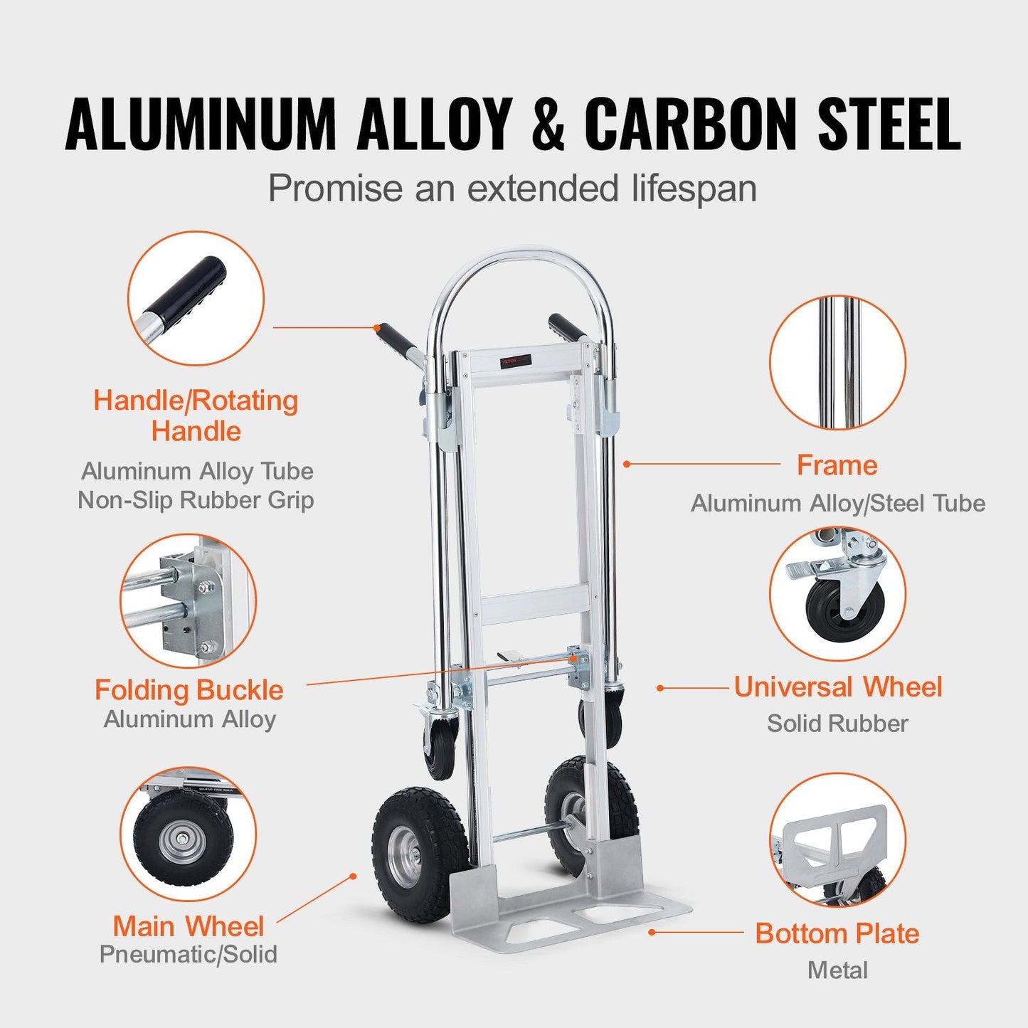 Aluminum Convertible Hand Truck, 2-in-1, 454 kg Capacity, Folding Utility Cart