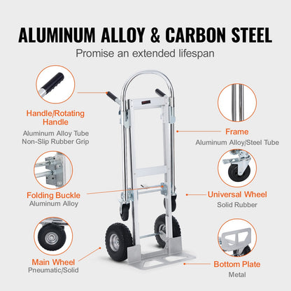 Aluminum Convertible Hand Truck, 2-in-1, 454 kg Capacity, Folding Utility Cart