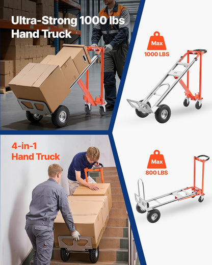 4 in 1 Hand Truck, 453.6 kg Load Capacity for 4-Wheel Mode, Convertible Hand Truck Dolly with Non-Slip Handle & Wheels, Aluminum Alloy Portable Trolley Dolly for Moving Home, Office, Warehouse