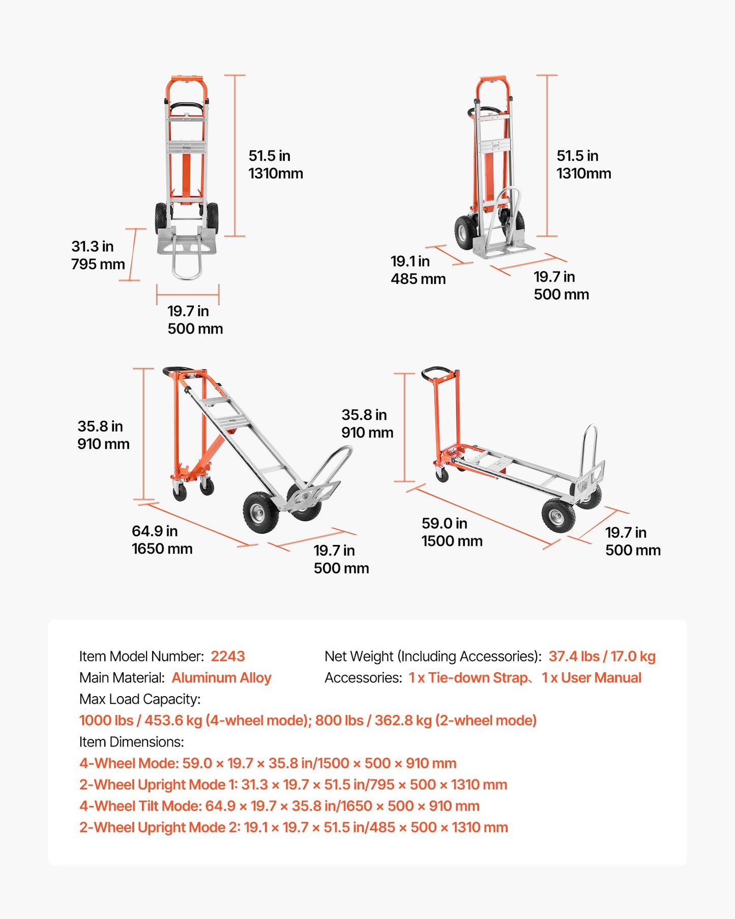 4 in 1 Hand Truck, 453.6 kg Load Capacity for 4-Wheel Mode, Convertible Hand Truck Dolly with Non-Slip Handle & Wheels, Aluminum Alloy Portable Trolley Dolly for Moving Home, Office, Warehouse