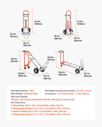 4 in 1 Hand Truck, 453.6 kg Load Capacity for 4-Wheel Mode, Convertible Hand Truck Dolly with Non-Slip Handle & Wheels, Aluminum Alloy Portable Trolley Dolly for Moving Home, Office, Warehouse