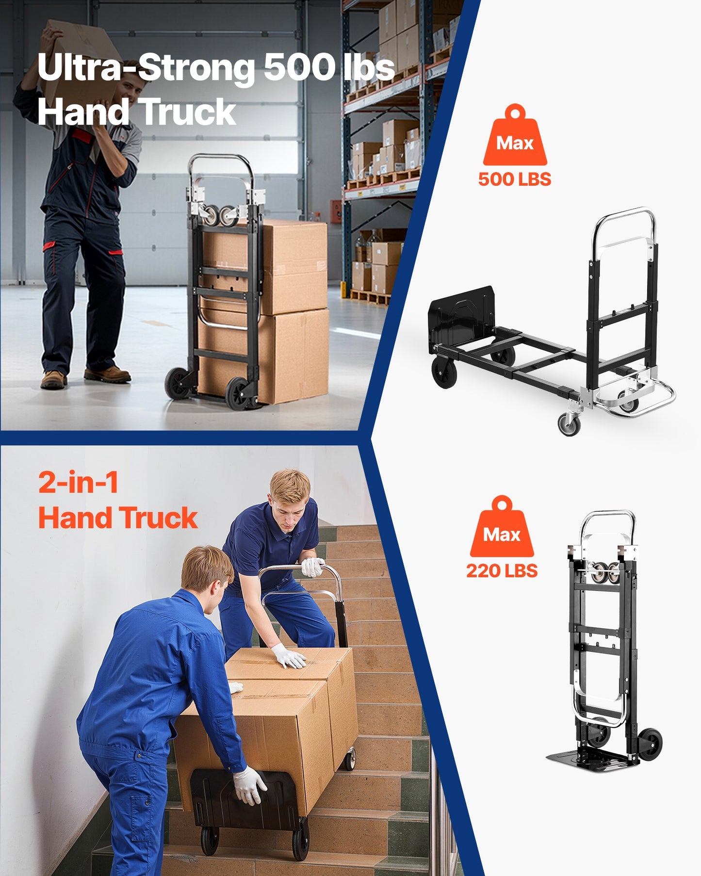 2 in 1 Folding Hand Truck, 226.9 kg Load Capacity for 4-Wheel Mode, Convertible Hand Truck Dolly with Wheels & Adjustable Handle, Portable Trolley Dolly for Moving Home, Office, Warehouse