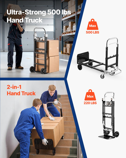 2 in 1 Folding Hand Truck, 226.9 kg Load Capacity for 4-Wheel Mode, Convertible Hand Truck Dolly with Wheels & Adjustable Handle, Portable Trolley Dolly for Moving Home, Office, Warehouse