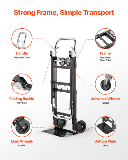 2 in 1 Folding Hand Truck, 226.9 kg Load Capacity for 4-Wheel Mode, Convertible Hand Truck Dolly with Wheels & Adjustable Handle, Portable Trolley Dolly for Moving Home, Office, Warehouse
