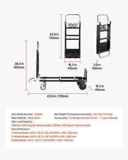 2 in 1 Folding Hand Truck, 226.9 kg Load Capacity for 4-Wheel Mode, Convertible Hand Truck Dolly with Wheels & Adjustable Handle, Portable Trolley Dolly for Moving Home, Office, Warehouse