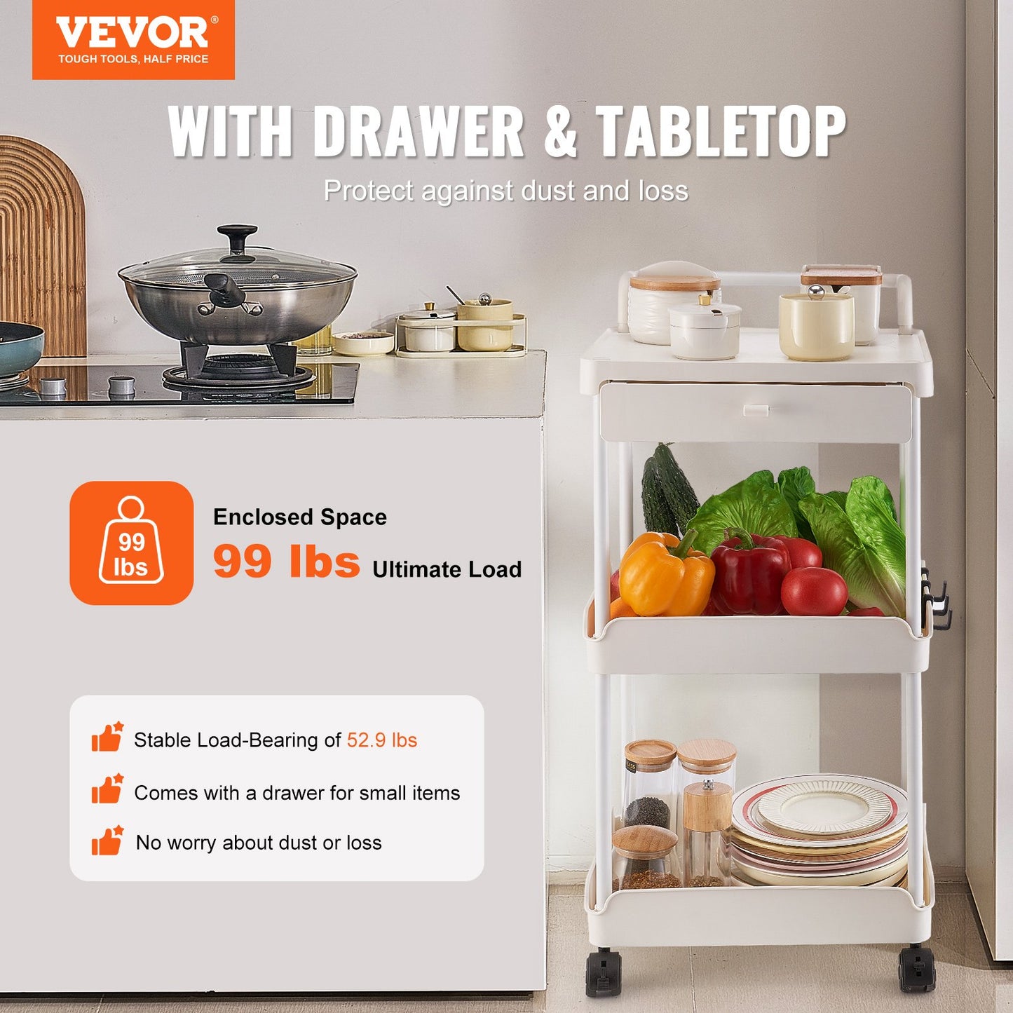 VEVOR 3-Tier Rolling Utility Cart with Drawer, Kitchen Cart with Lockable Wheels,