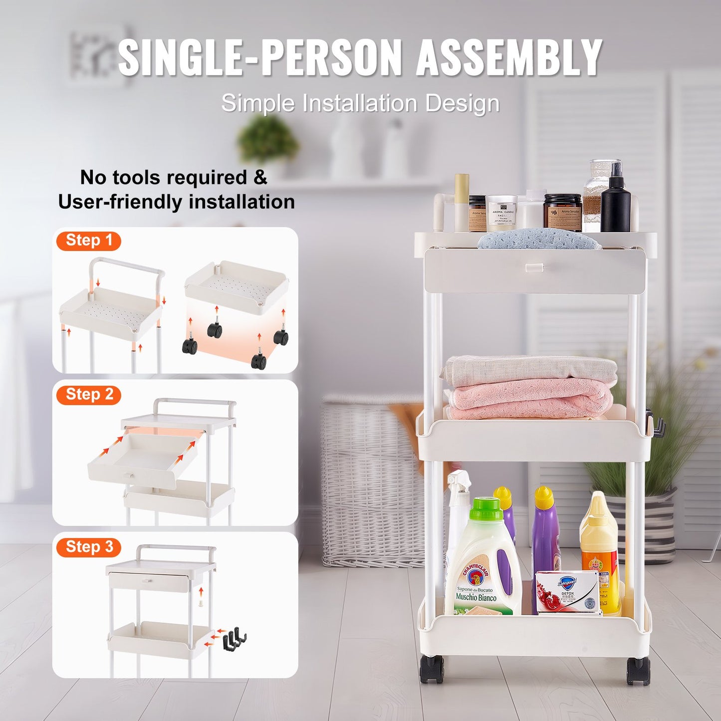VEVOR 3-Tier Rolling Utility Cart with Drawer, Kitchen Cart with Lockable Wheels,