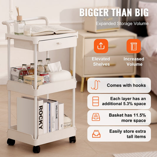 3-Tier White Utility Cart with Drawer and Lockable Wheels for Versatile Storage