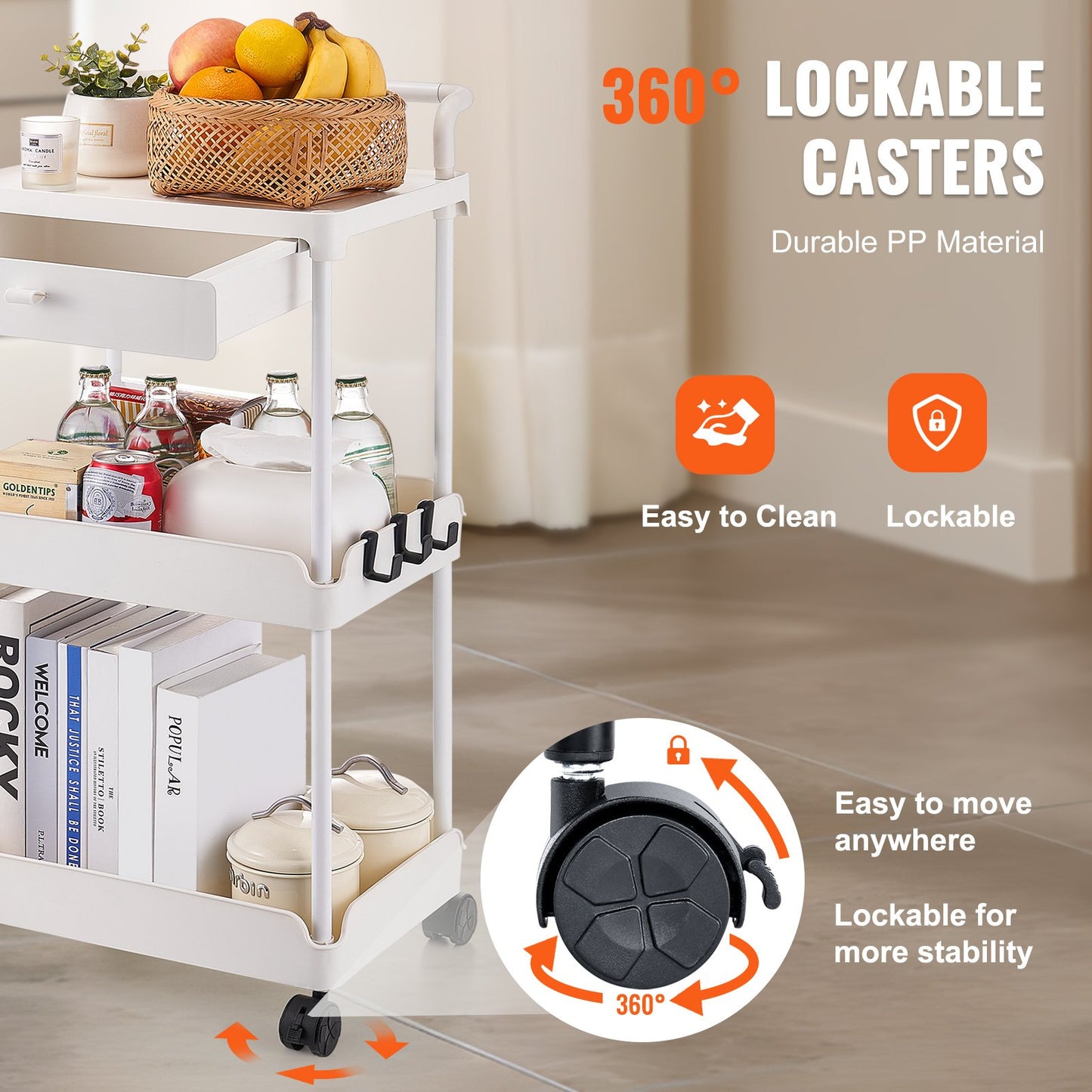 VEVOR 3-Tier Rolling Utility Cart with Drawer, Kitchen Cart with Lockable Wheels,