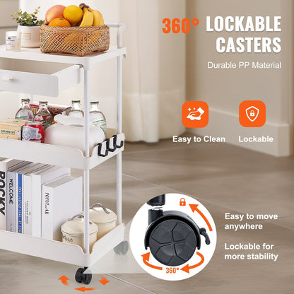 3-Tier White Utility Cart with Drawer and Lockable Wheels for Versatile Storage