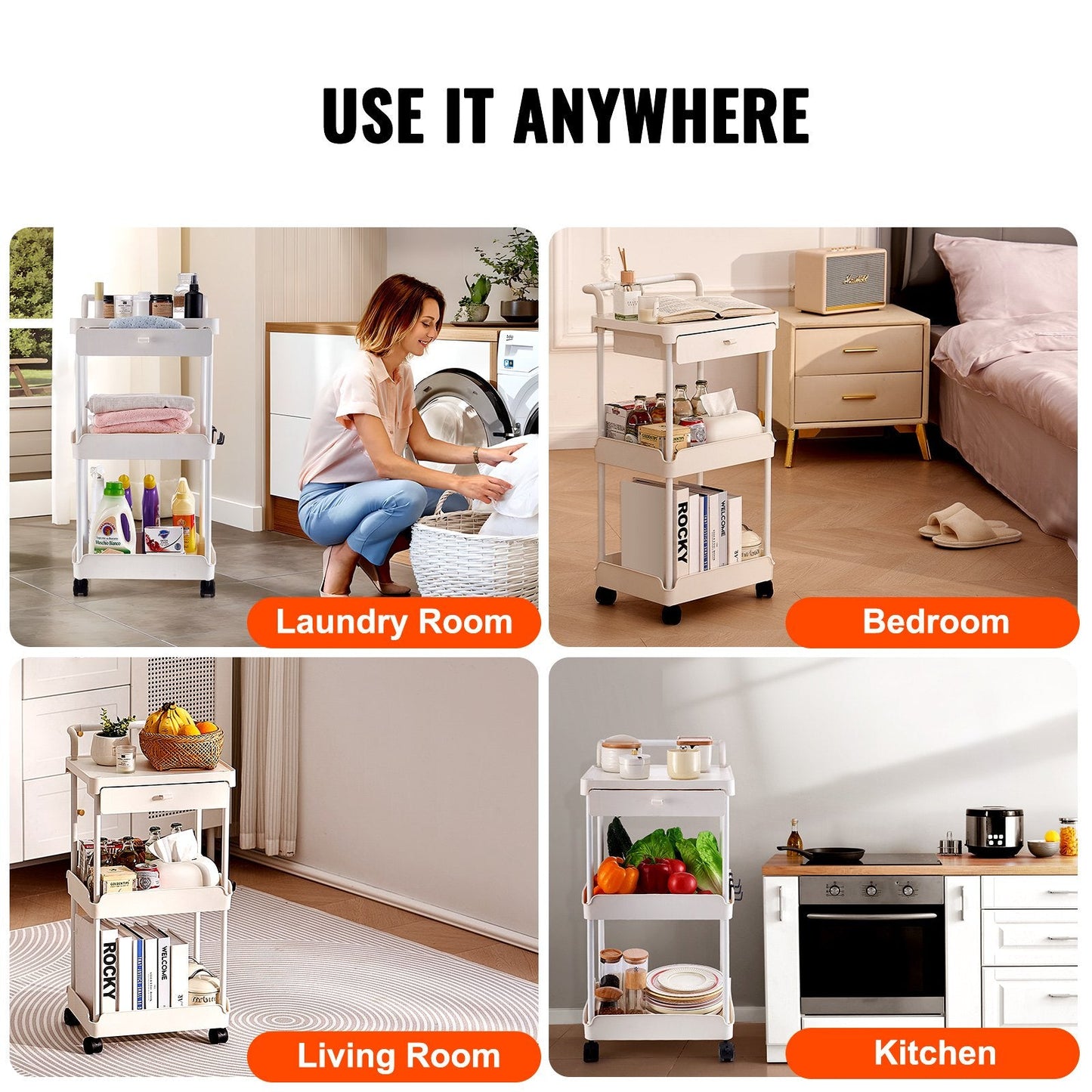 3-Tier White Utility Cart with Drawer and Lockable Wheels for Versatile Storage