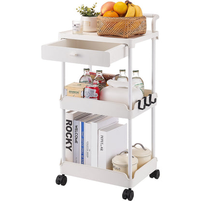3-Tier White Utility Cart with Drawer and Lockable Wheels for Versatile Storage